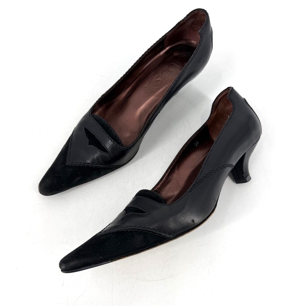 Tods‎ Kitten Heel Pumps Womens 36 Black Leather Suede Pointed Toe Office Siren